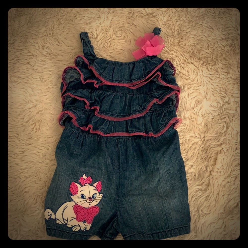 DISNEY Toddler Girls Character “Marie” Ruffled Soft Denim Romper Size 18M EUC